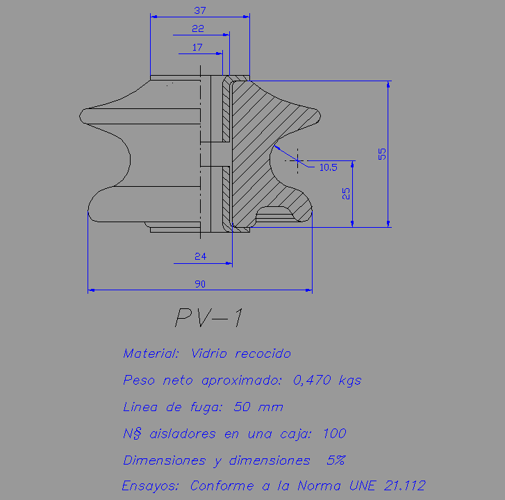 Bloque Autocad Aislador soporte PV-1, línea de fuga 50mm.